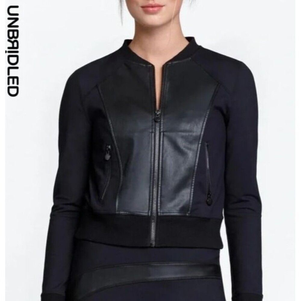 Unbridled Black Faux Leather Mock Neck Long Sleeves Full Zip Jacket Size L Women
